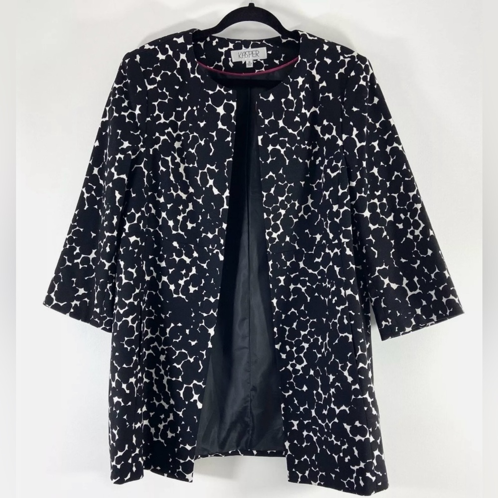 KASPER Black and White Split Neck Duster Jacket size 16